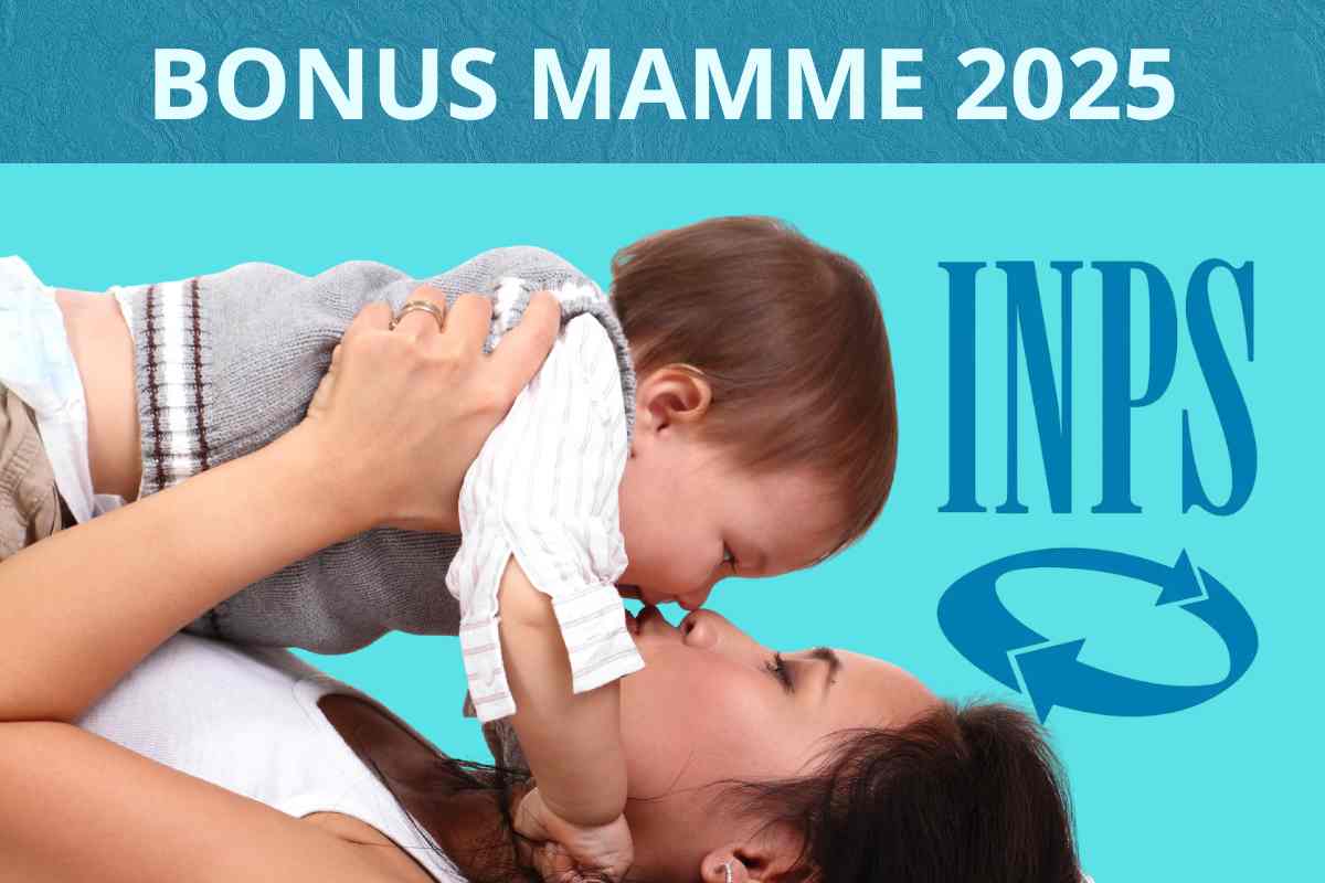 donna abbraccia il bambino, il logo inps e la scritta bonus mamme 2025
