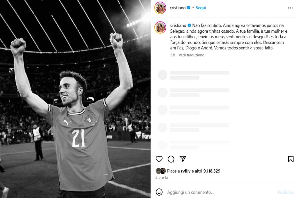 Il post di Cristiano Ronaldo per Diogo Jota