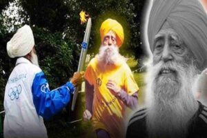 Il maratoneta Fauja Singh riceve la torcia olimpica nel 2012