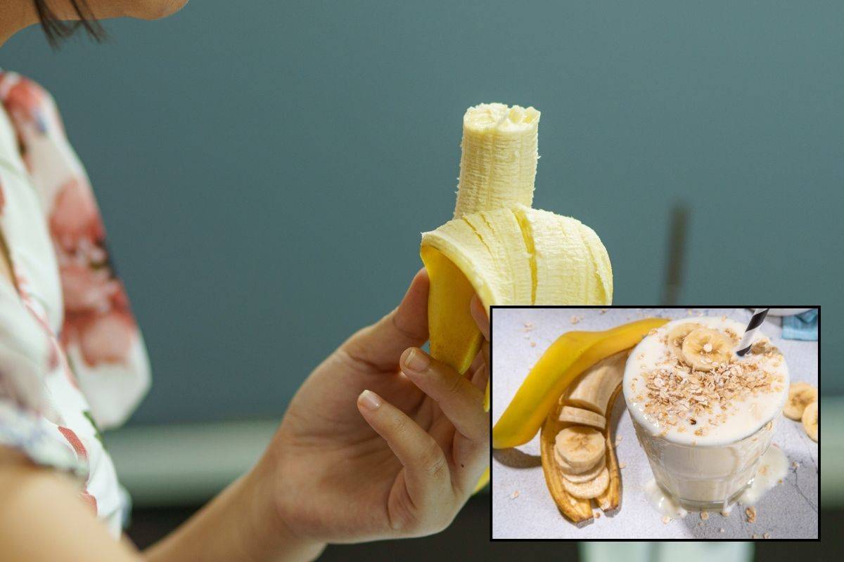 Ragazza consuma banana a colazione