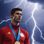 immagine grafica di un campione olimpico e di fulmini alle sue spalle