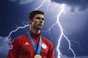 immagine grafica di un campione olimpico e di fulmini alle sue spalle
