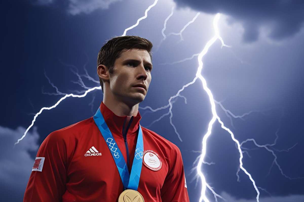immagine grafica di un campione olimpico e di fulmini alle sue spalle