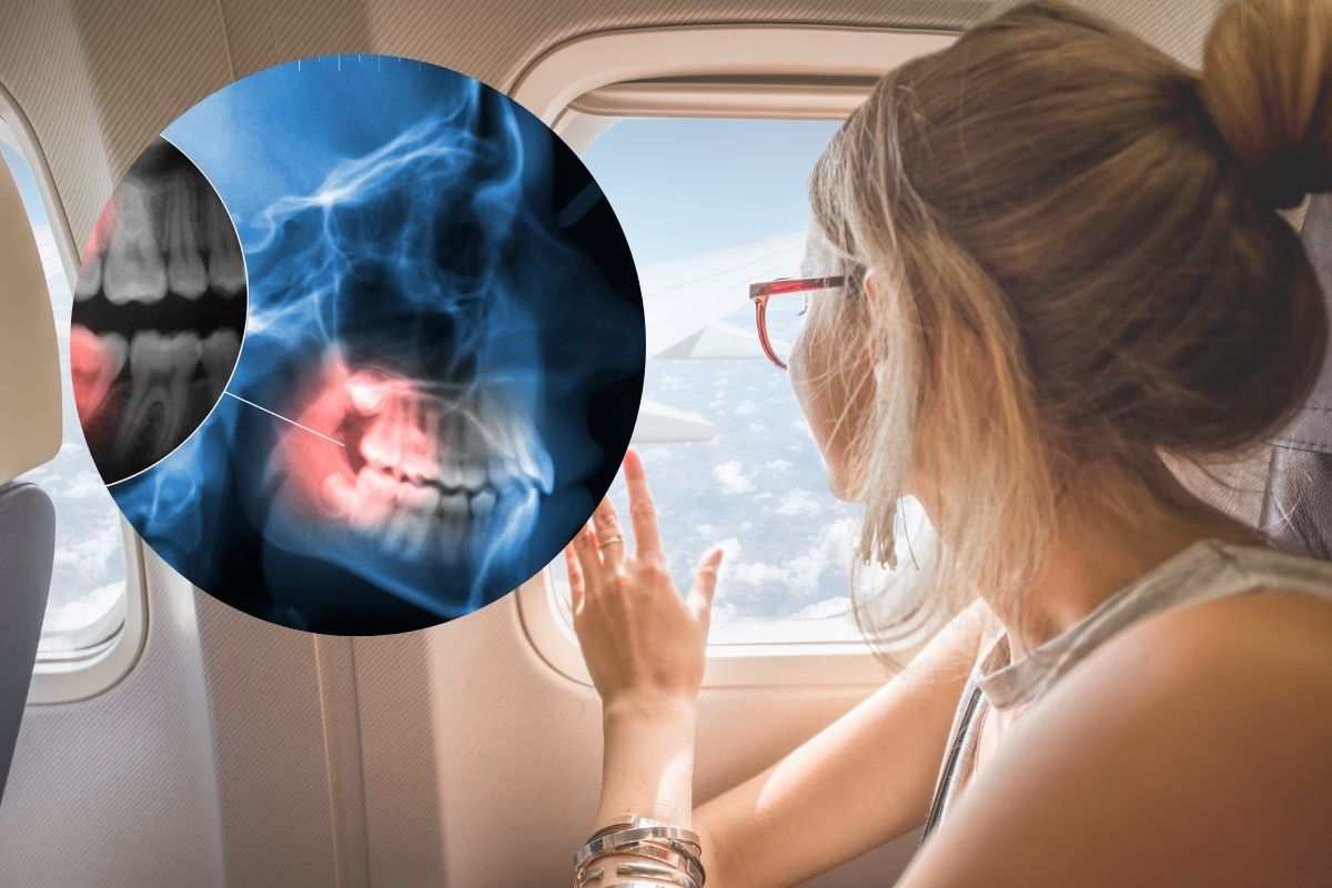 donna in aereo e nel cerchietto immagini dei denti